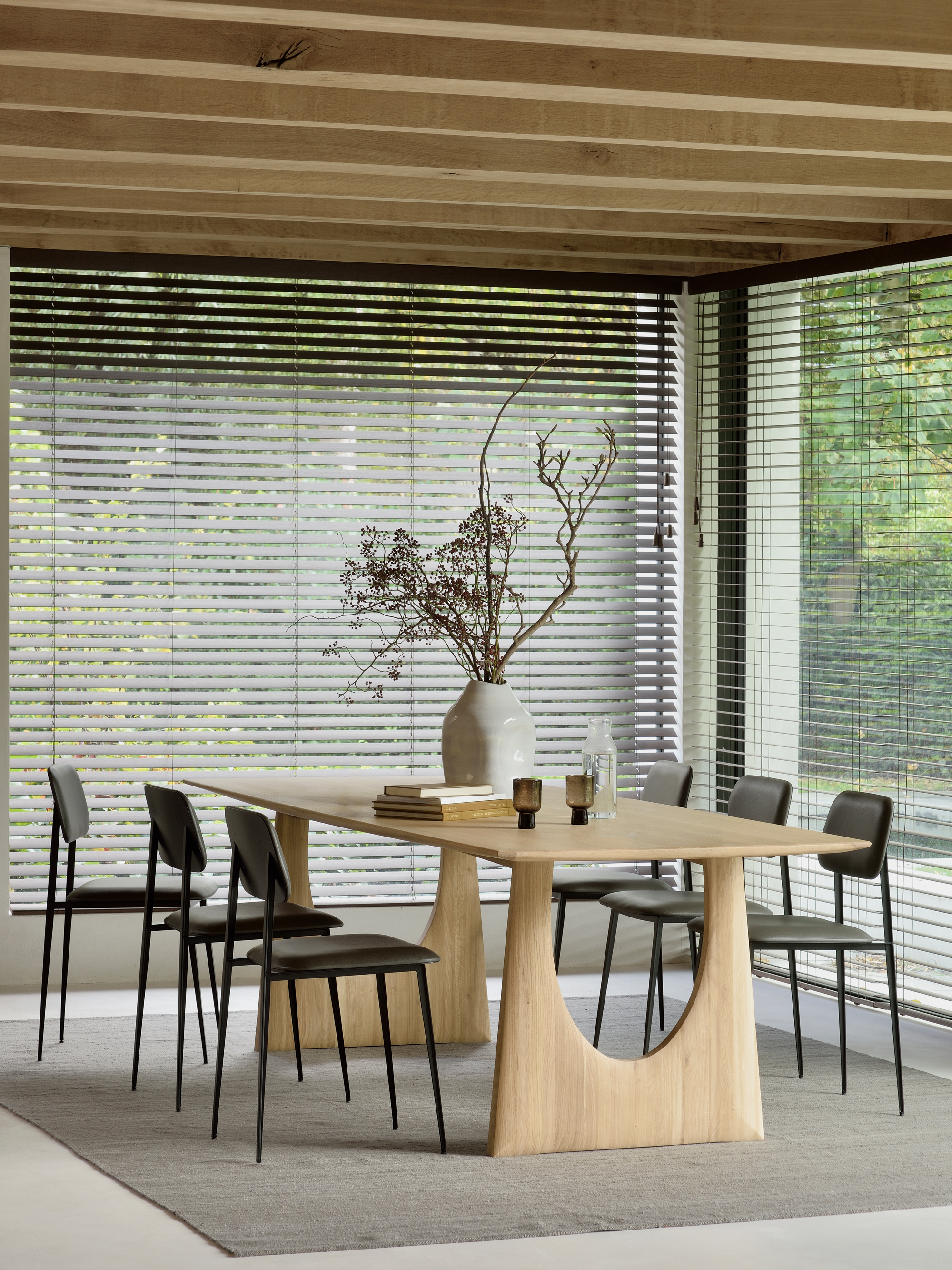 34871 80a583c476 55013 Oak Geometric Dining Table 21705 Grey Nomad Kilim Rug 60088 60089 Dc Chair Olive Green Chocolate Leather 2 Hq Portrait